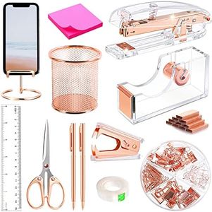 piqfpo Desk Accessories, Acrylic Stapler, Staple Remover, Tape Holder, Pen Ballpoint Pen, Scissor, Binder Clips, Staples, Phone Ruler, Transparent Glue and Sticky Notes, Rose Gold,Transparent (00012)