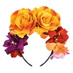 DreamLily Day of The Dead Headband Costume Rose Flower Crown Mexican Headpiece BC40, Mexican Festival Crown Orange, 1 Count (Pack of 1)