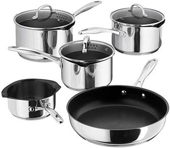 Stellar Profile Set of 5 Stainless Steel Non-Stick Pans, 3 Draining Saucepans, Frying Pan and Milk Pan, Induction Ready