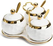 ZENFUN Set of 3 Ceramic Condiment Pots with Trays, Condiment Jars Containers with Lids and Spoons, Porcelain Sugar Salt Bowls Set, White Spice Seasoning Box for Kitchen, Restaurant, Counter, Home