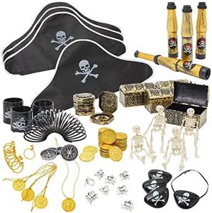 Juvale 100 Piece Set Pirate Birthday Party Supplies for Kids, Hat, Patch, Compass, Coins, Toys and Accessories