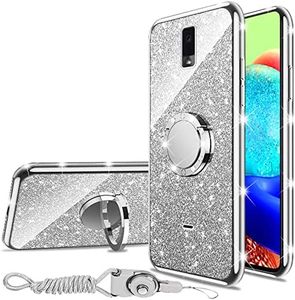 nancheng for BLU View 3 Phone Case (B140DL) Cute Girls Women Rhinestone Glitter TPU Clear Case with Ring Stand + Strap Lanyard Shockproof Protective Cover - Silver
