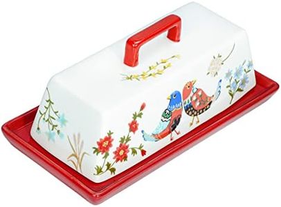 Sizikato Mantequera de porcelana con tapa, diseño de flores rojas y pájaros, 7.5 pulgadas