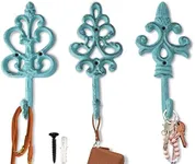 Shabby Chic Decorative Wall Hooks - Set of 3 - Cast Iron French Country Wall Decor - Farmhouse Hangers for Coats, Purses and More - Blue