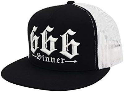 666 Sinner Trucker Cap for Men – Flat Bill 5-Panel Mesh Hat – 3D Raised 666 Front Embroidery – Adjustable Snapback – One Size Fits Most – Bold Baseball Cap (Black)
