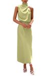 PRETTYGARDEN Women's 2024 Summer Satin Dress Elegant Sleeveless Mock Neck Cocktail Party Maxi Dresses (Tender Green,Large)