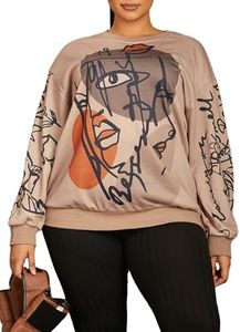 WDIRARA Women's Figure Graphic Print Sweatshirt Round Neck Long Sleeve Contrast Color Graffiti Pullovers Multicolor Plus 0XL