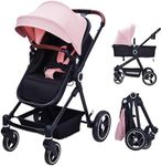 GAOMON 2 in1 Baby Stroller, High Landscape Infant Stroller, Reversible Bassinet Pram Stroller, Pushchair Adjustable Backrest & Canopy, Foldable Aluminum Alloy Anti-Shock Stroller for Newborn (Pink)