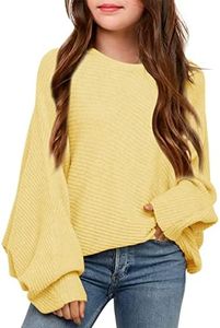 Mafulus Girl's Oversized Crewneck Fall Sweaters Kids Batwing Long Sleeve Slouchy Chunky Cute Pullover Jumper Shirts 5-14T Light Yellow