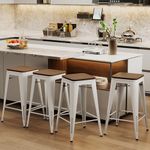 Alunaune 26" Metal Bar Stools Set of 4 Industrial Backless Counter Height Barstools Stackable Kitchen Patio Stool Wood Top-White