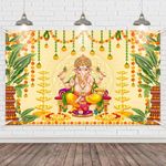 Wollmix Pooja Ganpati Decoration Banner Indian Puja Cloth Items Backdrop Traditional Chatiya Ganesh Mehndi Photography Background Festival Wedding Party Marigold Garlands Photo Booth 70.8x43.3inch