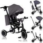 Lionelo Tris Plus 2in1 Kids' Tricycle Convertible Stroller Trike from 9 Months to 5 Years/25kg with Adjustable 360° Swivel Seat, Sun Canopy, Parent Control Handle Safety Features PU wheels Accessories