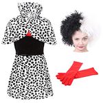 Girls Evil Dog Lady Dalmatian Print Fancy Dress Costume - Medium - Dalmatian Print Dress & Wig - Perfect For Halloween Or World Book Day Fancy Dress