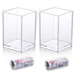 JIANTA 2 Pack Acrylic Pen Holder with Stickers, Acrylic Pen Pot, Transparent Pen Cup, Clear Brush Storage, Makeup Organizer, Desk Accessory for Home, Office, School (3.8 x 2.5 x 2.5 in)