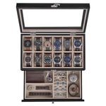 SONGMICS 12-Slot Watch Box, 2-Tier Watch Display Case with Large Glass Lid, Ebony Black UJOW012B01