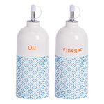 Nicola Spring Porcelain Vinegar/Oil Dispenser Bottles - Blue/Orange Print - 500ml - Set of 2