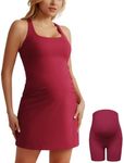 Maternity Workout Dress with 2 Pockets Pregnancy Tennis Dress Built in Shorts and Bra U-Neck Cross Back Dress Red S