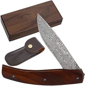 YOUSUNLONG Pocket Knife - Folding Knife - Japanese Damascus Steel Blade Overall 186mm - Natural Rosewood Handle with Leather sheath and Natural Walnut Wooden Box Case for Camping Hiking Fishing