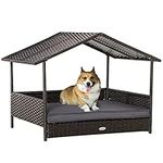 PawHut Rattan Dog House, Elevated Wicker Pet Bed Lounge with Removable Cushion and Canopy, for Small and Medium Dogs, 98 x 69 x 70cm - Grey