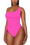 Viottiset Women's One Shoulder Ruched One Piece Swimsuit Tummy Control High Cut Cheeky Bathing Suit, Hot Pink One Shoulder, Medium