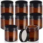 Belle Vous 8 Pack of Round Amber Glass Jars and Black Screw-On Lids - 120ml/4oz - Empty Refillable Leakproof Containers/Pots for Cosmetic Storage, Lotion, Face Cream, Essential Oils, Ointment & Makeup