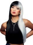 Smiffys Official Manic Panic® Raven™ Virgin™ Downtown Diva™ Wig, Long Straight Wig, Heat Styleable with Adjustable Cap in Black & White Half & Half Style. A pre-styled wig that exudes confidence