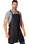 Under NY Sky Real Leather Apron - Black Leather Body, Pockets and Cross-back Straps - Split-Leg, Lined, Adjustable for Men, Women - Chef, Barista, Barber, Woodworker, Shop, Bartender, Maker