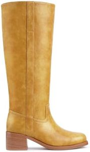 Gothictor Women's Banana Knee High Boots Square Toe Chunky Block Heel Comfortable Low Heel Pull on Wide Calf Riding Shoes for Women 10.5