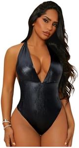 WDIRARA Women's Deep V Neck Sleeveless PU Leather Skinny Bodysuit Halter Top Pure Black X-Small