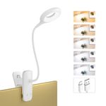 HECDSTLY Clip on Reading Light for Bed Headboard, Battery Rechargeable Large Clamp Bed Lamp - 5 Colors 5 Brightness, Flexible Arm Book Light at Night for Kids Desk Bunk Metal Bed Frame (White)