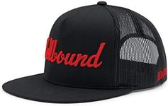 Hellbound Trucker Cap for Men – Flat Bill Mesh Snapback Hat – 5-Panel Black Cap with Bold Red Hellbound Front – One Size Adjustable – Cotton/Poly/Nylon Blend – Outdoor Summer Baseball Hat