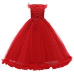 FYMNSI Flower Girl Dress Princess Lace Floral Embroidered Tulle Tutu Maxi Long Dresses for Kids Teenager Junior Bridesmaid Wedding Birthday Party Evening Cocktail Ball Prom Red 9-10 Years