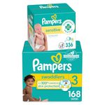 Diapers Size 3, 168 Count and Baby Wipes - Pampers Swaddlers Disposable Baby Diapers and Water Baby Wipes Sensitive Pop-Top Packs, 336 Count (Packaging May Vary)