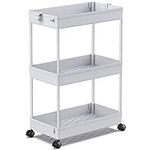 SPACEKEEPER Storage Trolley 3-Tier Slide Out Rolling Utility Cart Storage Shelf Rack on Wheels Multi-purpose Shelving Organizer for Office, Kitchen, Bedroom, Bathroom, Laundry Room & Dressers,Grey