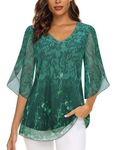 Syphiby Tunic Tops to Wear with Leggings Chiffon Work Blouses Womens Summer Top Casual V Neck 3/4 Sleeve Longline Tops for Women Tunic Shirts for Wedding Night Out Office Top Multicolor Green-L