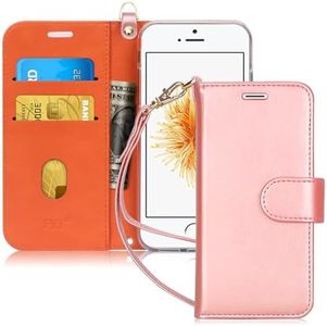 FYY Case for iPhone SE/iPhone 5S/iPhone 5, [Kickstand Feature] Luxury PU Leather Wallet Case Flip Folio Cover with [Card Slots][Wrist Strap] for iPhone SE (1st gen - 2016)/5S/5 Rose Gold