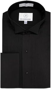 Sir Gregory Men's Fitted Tuxedo Shirt with Wing Collar French Cuffs and 1/4 Inch Pleat, Black, 14"-14.5" Neck 32"-33" Sleeve