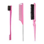 3 Pieces Hair Styling Comb Set, Double Sided Edges Brush, Teasing Hair Brush Rat Tail Comb, Plastic Bristle Hair Brush, Edge Control Brush, for Home, Hairdressers(Pink)