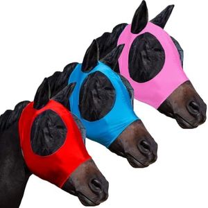 HUAME Fly Masks for Horses with Ears Set of 3, Comfort Fit Stretchy Fabric with UV Protection Soft on Skin Breathability for Average Size Horses (Red-Blue-Pink)