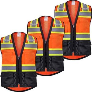 ProtectX 3 Pack Class 2 High Visibility Safety Vest for Men Women, Reflective Vest with Pockets and Zipper, Hi Vis Vest for Work & Construction, Lime Orange-Black - 2X Large
