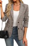 ELLEVEN Women's Lapel Collar Plaid 2 Button Boyfriend Blazer Suit Houndstooth Work Office Blazer Jacket, Brown Plaid, Medium