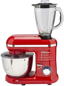 Sensio Home 2-in-1 Food Processor Blender & Stand Mixer Machine - 1300W Electric Motor - Dough Hook, Whisk, Beater, Splash Guard, 6-Speed - 4.5 Litre Stainless Steel Mixing Bowl - 1.5L Glass Jug - Red