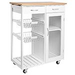 SortWise Rolling Kitchen Island with 2 Pull Out Steel Basket and 2 Drawer, Utility Kitchen Cart with Bamboo Wood Countertop, Kitchen Island Cart on Wheels with Storage, White (26.38 x 13.39 x 33.94 inch)