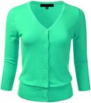 FLORIA Womens Button Down 3/4 Sleeve V-Neck Stretch Knit Cardigan Sweater Opal 1X