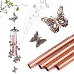 HEKOBAG Wind Chimes for Garden, Butterfly Wind Chimes for Outside, Vintage Copper Decorative Wind Chimes with Hook, 4 Aluminum Tubes Hanging Bells, Memorial Windchimes Gift for Mom, Patio Garden Decor