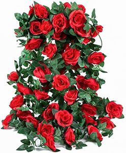 OWPFJG 4 Pack (32FT) Artificial Rose Vine Fake Flowers Garland Hanging Silk Rose Ivy Plants Vine for Mother's Day Wedding Arch Party Wall Indoor and Outdoor Aesthetic Art Décor (Red)