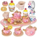 Wooden Tea Party Set, Pretend Play Kitchen Accessories for Girls Aged 3 4 5 6 with Teapot Teacup Set Wooden Food Toys, Gift Box for Birthday, Valentine's Day, Christmas- Perfect Kids Toddler Gift