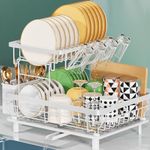 LIONONLY 2 Tier Dish Drainer Rack with Drip Tray, Detachable Large Dish drying Rack with Swivel Drainage Spout, Utensil & Cup Holder,Dish Rack for Kitchen Counter