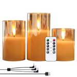 GenSwin Rechargeable LED Flameless Flickering Glass Candles with Remote Timer, Battery Operated Pillar Candles Long Lasting Gold Real Wax USB Candles (D 3”×H 4”5”6”)