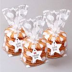 JOERSH 8.1" x 5" Bottom Gusset Clear Plastic Cookie Bags with Ties 200 Pack, White Polka Dots Pattern Small Candy Bags Treat Bags for Muffin Bakery Packaging